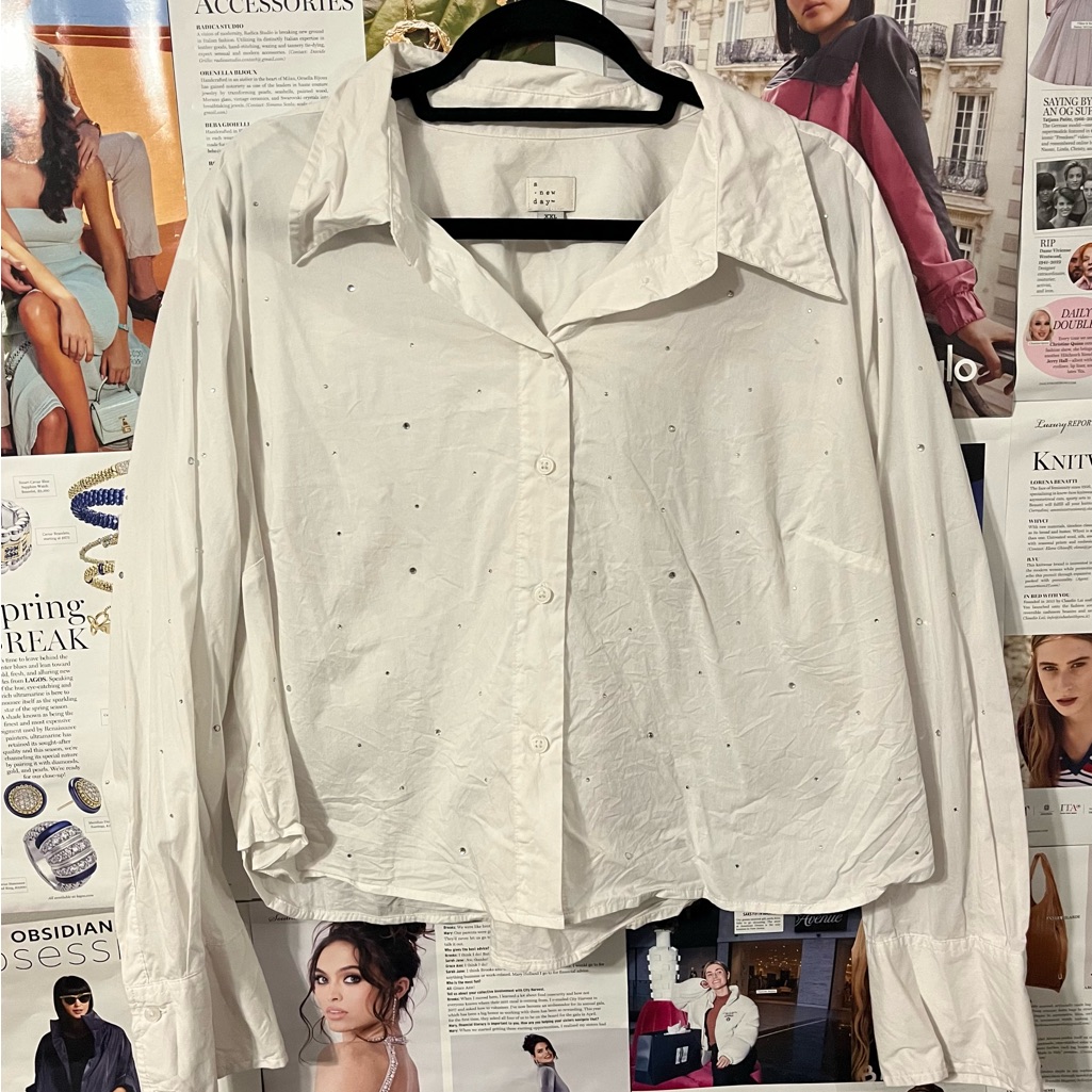 Cropped White Sequin Button Down